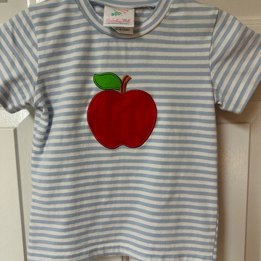 Blue and White Striped Tee with Apple Appliqué